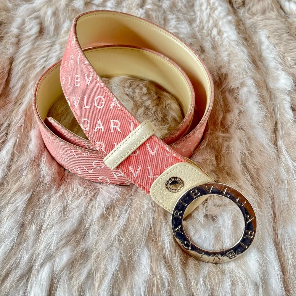 Bvlgari Pink Logo Print Canvas Logo Buckle Belt